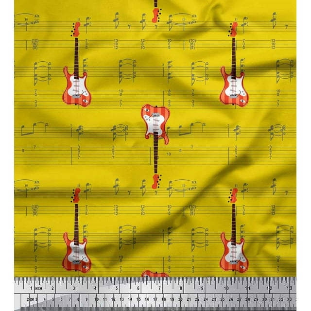 Soimoi Yellow Rayon Fabric Notes & Guitar Musical Instrument Print Fabric by the Yard 42 Inch Wide