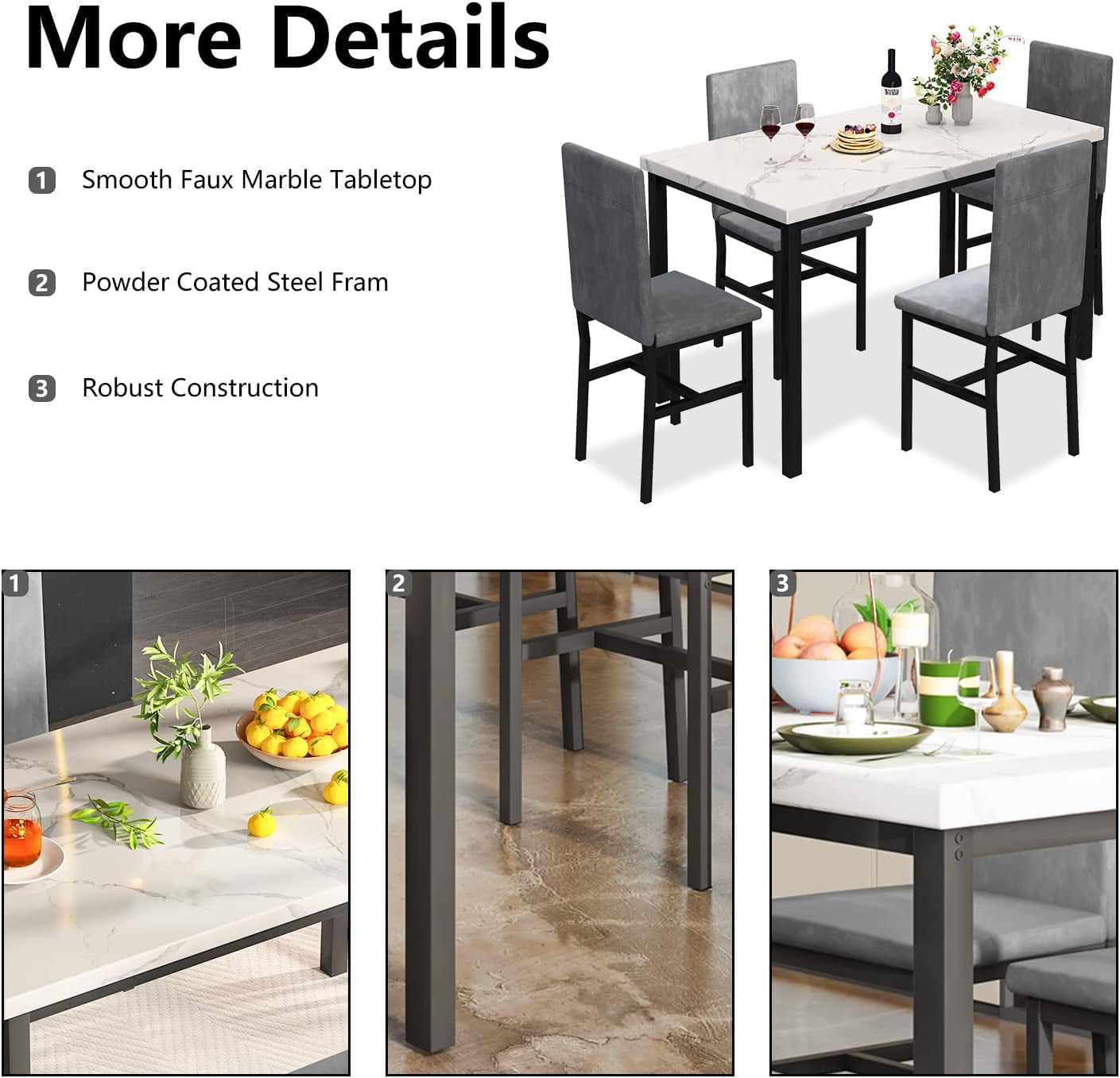 SYNGAR 5 Piece Dining Set, Modern Dining Table and Chairs Set for 4, Kitchen Dining Table Set with Faux Marble Tabletop & 4 Upholstered Chairs, for Small Space, Breakfast Nook, D9224