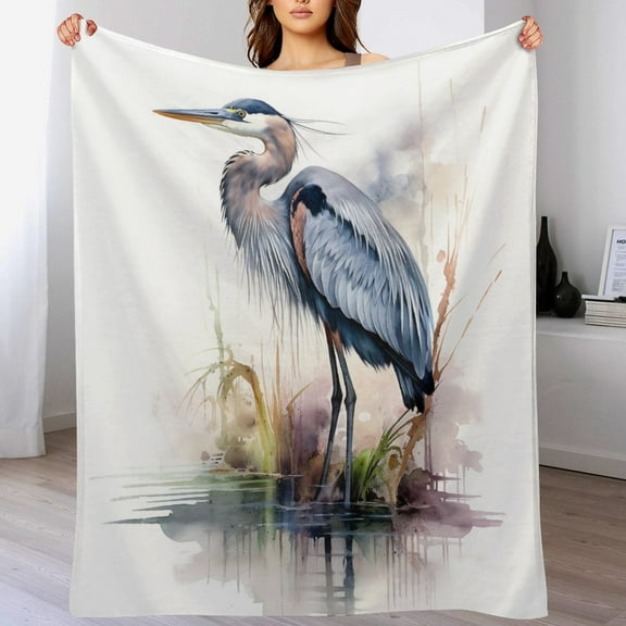 Throw Blanket Watercolor Great Blue Heron Throw Blanket Super Soft Warm Throw Flannel Blanket Blue Heron Bird Flannel Bed Blanket for Winter Bedding Couch And Gift for Adults And Kids 60"x80"