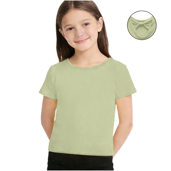 hoksml Girls' Summer Short Sleeve T-Shirts Back Bow Cutout Crew Neck Casual Tees Multi Color Options for School and Daily Wear