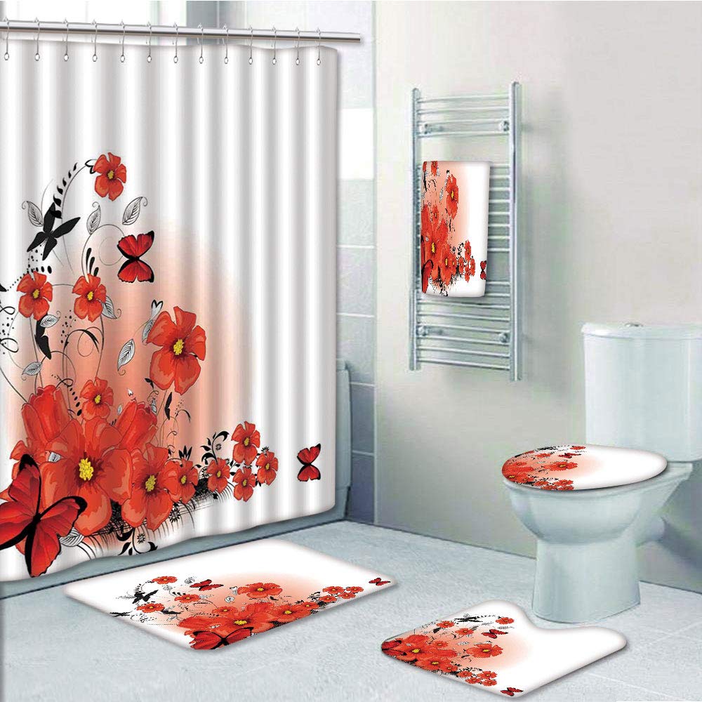 Butterfly Bathroom Rug Set Shower Curtain Bath Towel Bath Mat Toilet Lid Cover