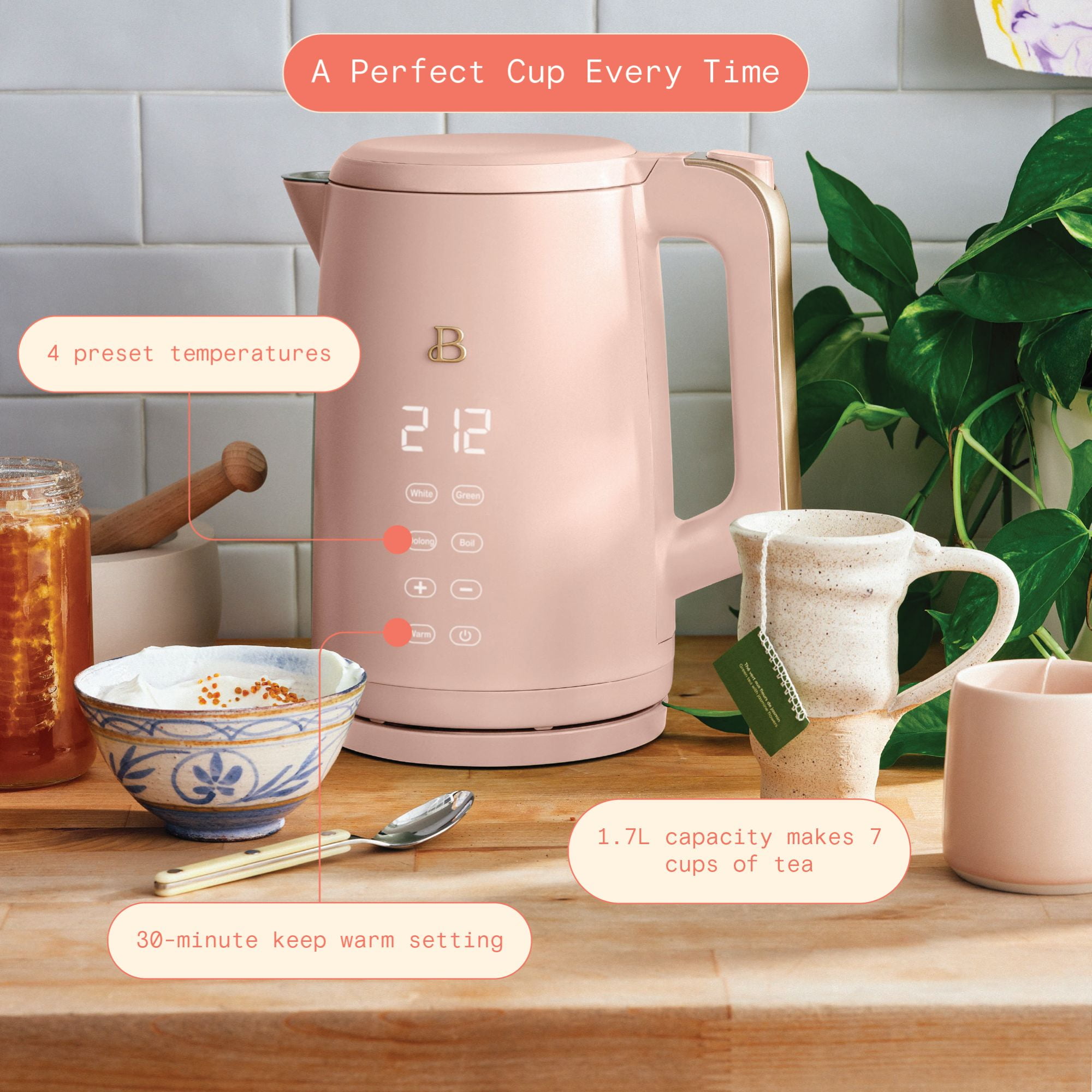 Beautiful 1.7-Liter Electric Kettle 1500 W with One-Touch Activation, Rose by Drew Barrymore