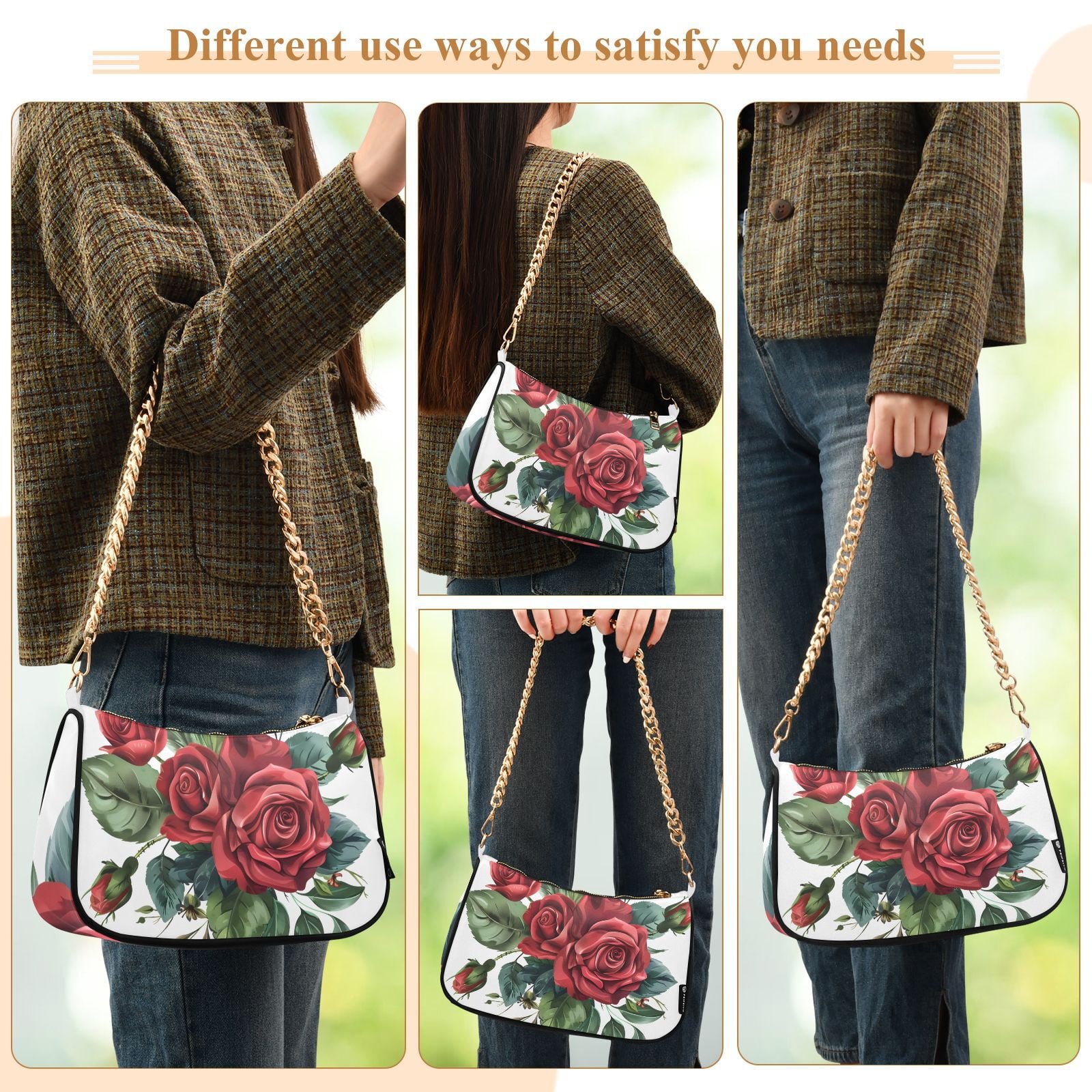 Red Roses Green Leaves FlowersWomen Small Shoulder Bag Crossbody Tote Hobo Bags Purse Clutch Handbags with Chain Strap for Women