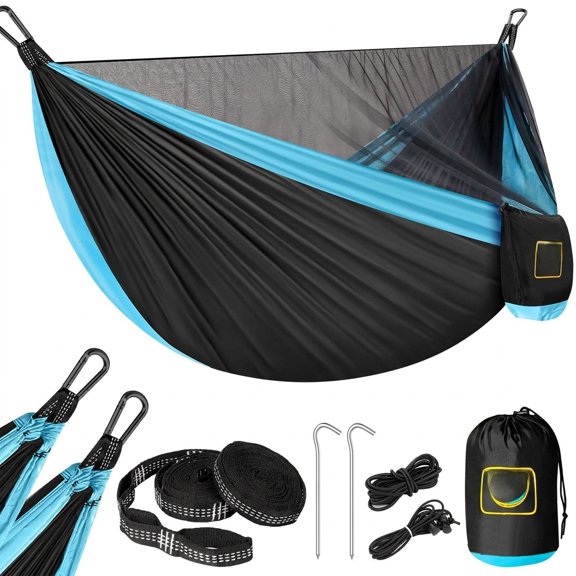 Black & Blue Large Portable Camping Hammock with Mosquito Net for Indoor Outdoor Use