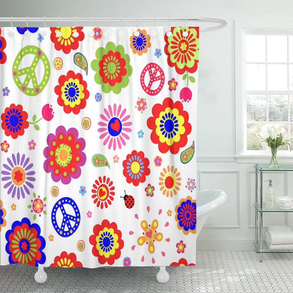 PKNMT Colorful Hippy Hippie Abstract Flowers Power Pattern Peace 1970S Polyester Shower Curtain