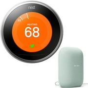 Google Nest T3007ES 3rd Generation Learning Thermostat (Stainless Steel) Bundle with Google Nest Audio Smart Speaker Sage