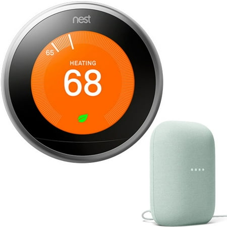 Google Nest T3007ES 3rd Generation Learning Thermostat (Stainless Steel) Bundle with Google Nest Audio Smart Speaker Sage