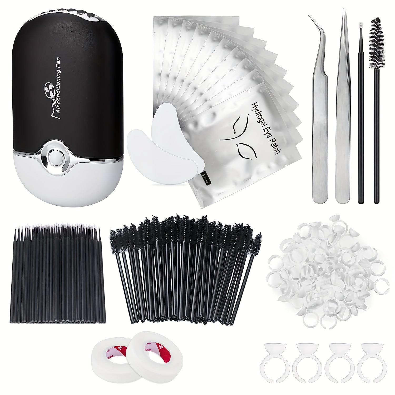 This eyelash extension kit is perfect for beginners and includes a USB air-conditioned hair dryer, 2 eyelash tweezers, 100 eyelash swabs, 50 eyelash brushes, 50 eyelash curlers, 2 rolls of tape, and
