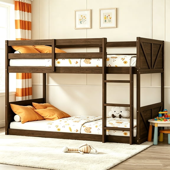 AUU Twin Over Twin Low-Profile Bunk Bed with Panel Headboard & Footboard – Solid Rubber Wood Frame, Safety Guardrails, Built-in Ladder