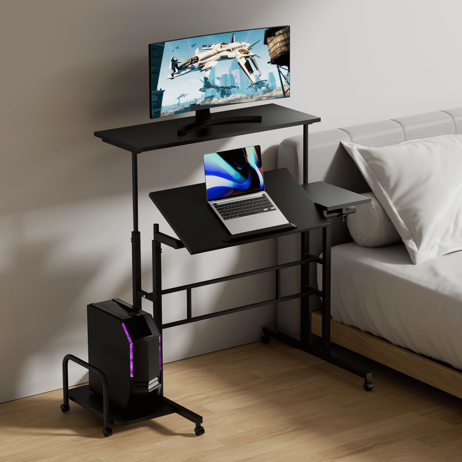MoNiBloom Mobile Complete Computer Workstation Desk, Rolling Laptop Table with Monitor Shelf & Host Rack for Home Office, Black