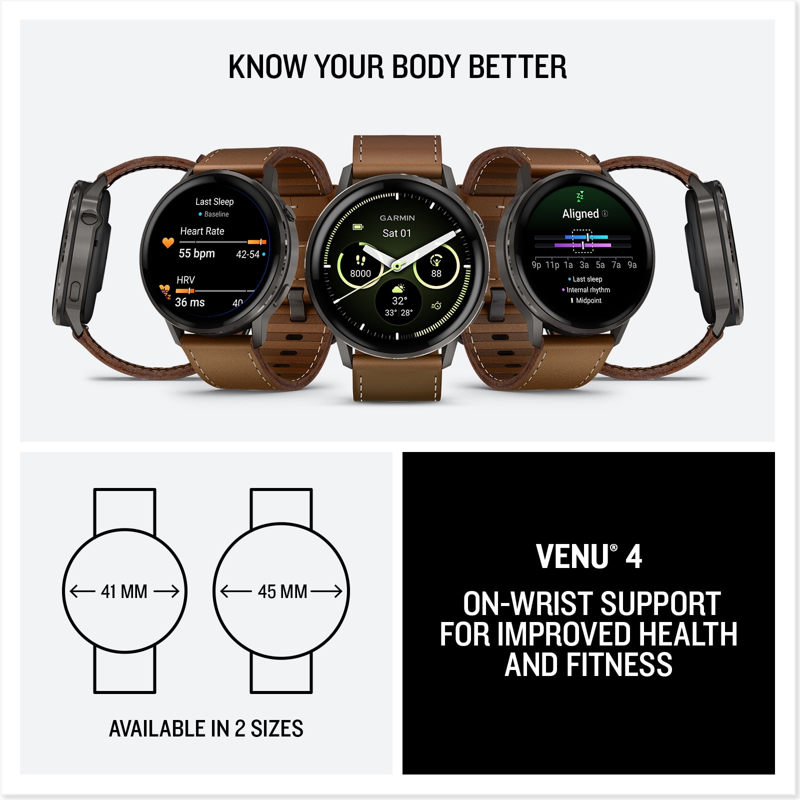Garmin Venu 4 (Slate/Black/Brown Leather, 45mm) Fitness GPS Smartwatch Bundle with PlayBetter Portable Charger & HD Screen Protectors