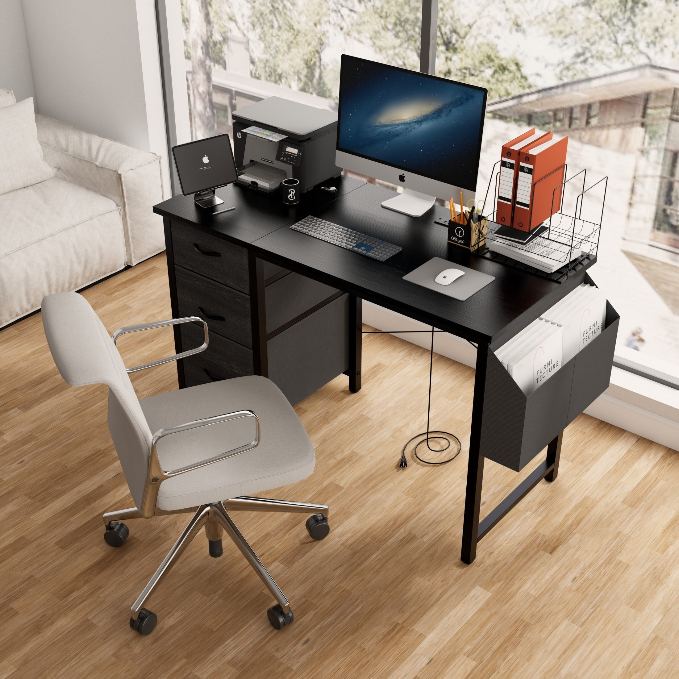 DEALTOPS Computer Desk with Power Outlets, Office desk with Reversible Fabric Drawers and Side Pocket, Black
