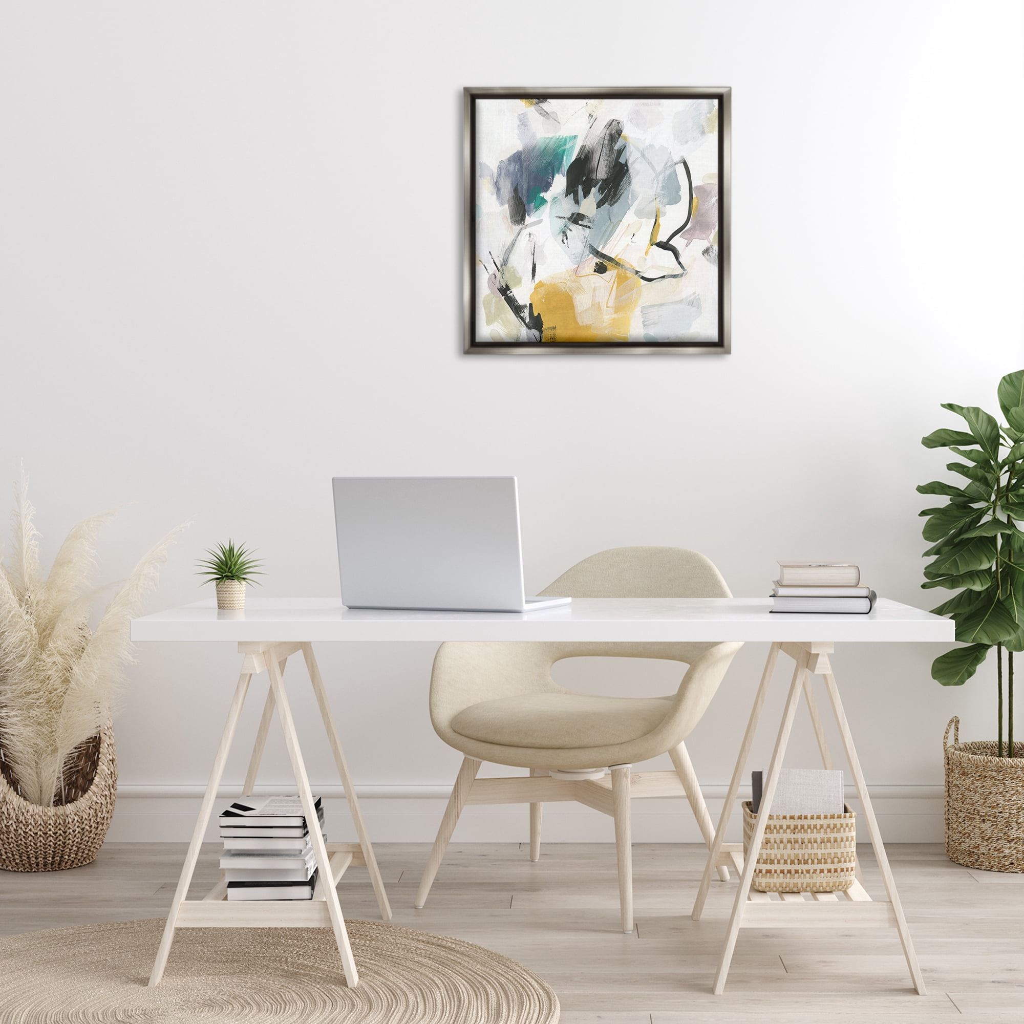 Stupell Industries Chaotic Abstract Yellow Accent Abstract Painting Gray Floater Framed Canvas Art Print Wall Art, 25 x 25