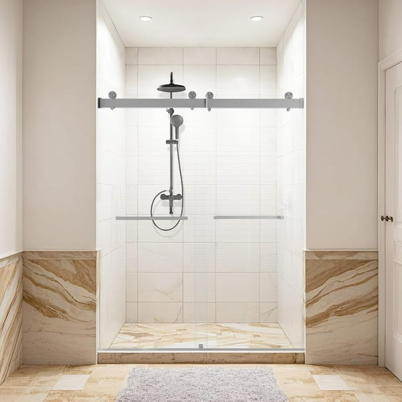 56-60" W X 76" H Frameless Double Sliding Shower Door, 3/8" (10mm) Thick Sgcc Tempered Glass with 4 Water Seal Strips and Soft-Close, Stainless-Steel Handle, Adjustable Width, Brushed Gold