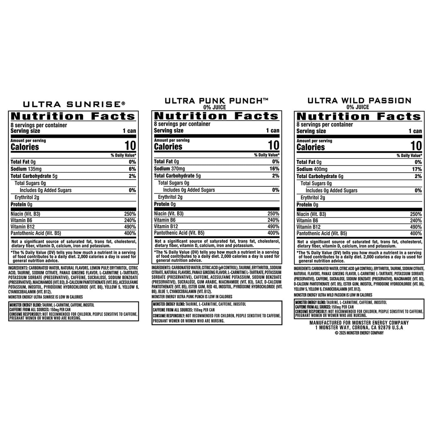 Monster Energy Sugar Free Ultra Variety Pack, 16 fl oz Cans, 3 Pack (Ultra Sunrise, Ultra Punch, Ultra Wild Passion)