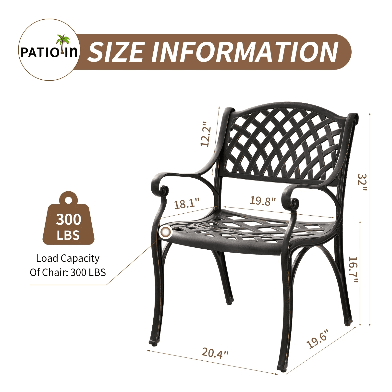PATIO-IN Cast Aluminum Outdoor Dining Patio Chairs Set of 2, Antique Bronze, Weatherproof Patio Furniture with Adjustable Feet for Garden, Porch, Poolside