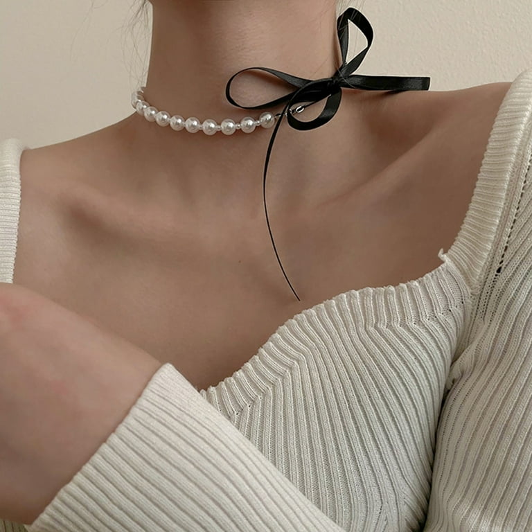 Qisuw Long Ribbon Bow Tie Choker Necklace Pearl Beads Collar Necklace  Fashion Jewelry Neck Tie Clavicle Chain Necklace 