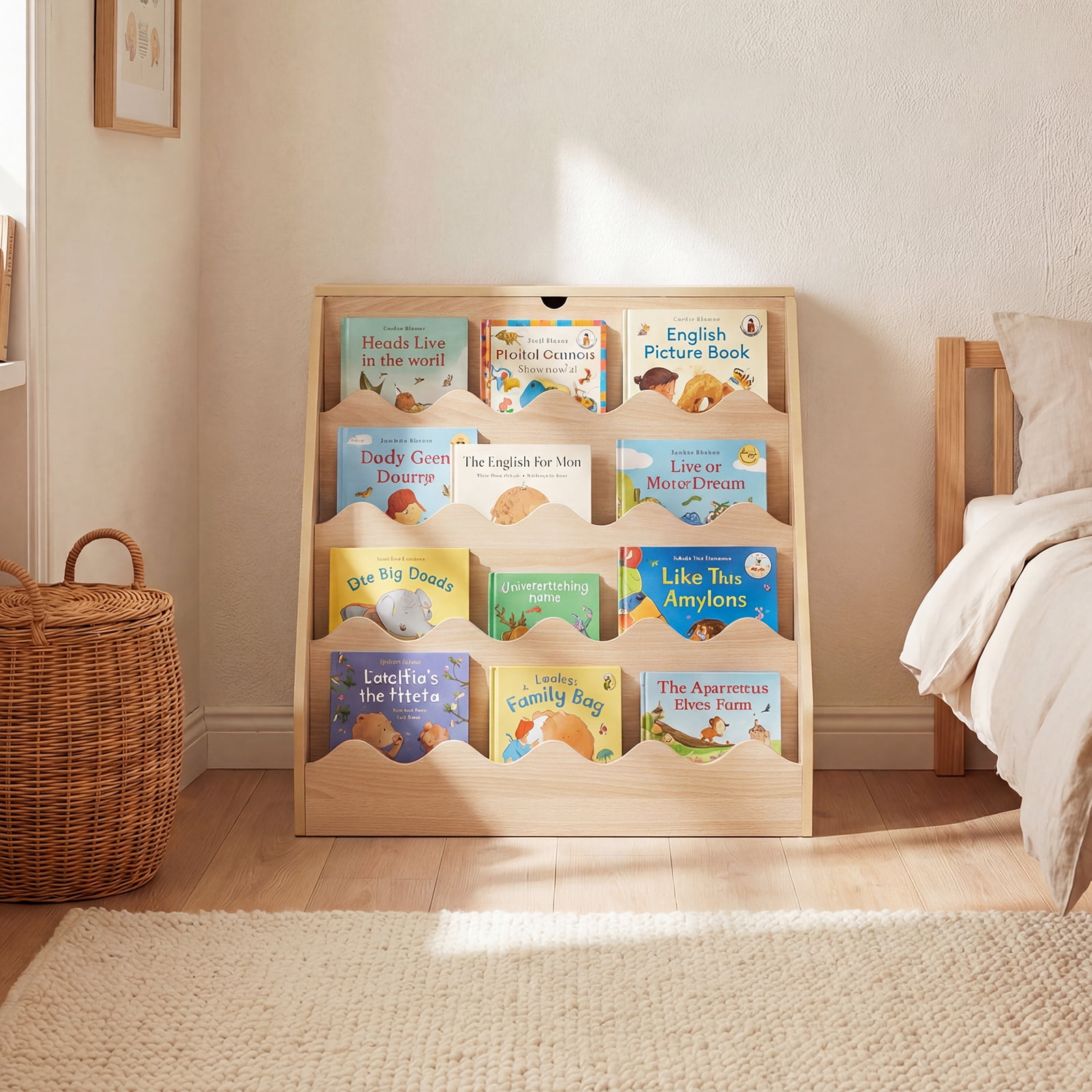 Costway Kids’ Bookshelf & Toy Storage Organizer with Rolling Drawer Cart, 4 Tier Book Shelf Natural