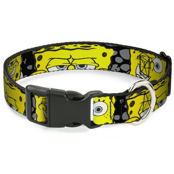 Nickelodeon Pet Collar, Dog Collar Plastic Buckle, SpongeBob Close Up Expressions Crackle Black Gray Yellow, 7 to 8.5 Inches 0.5 Inch Wide