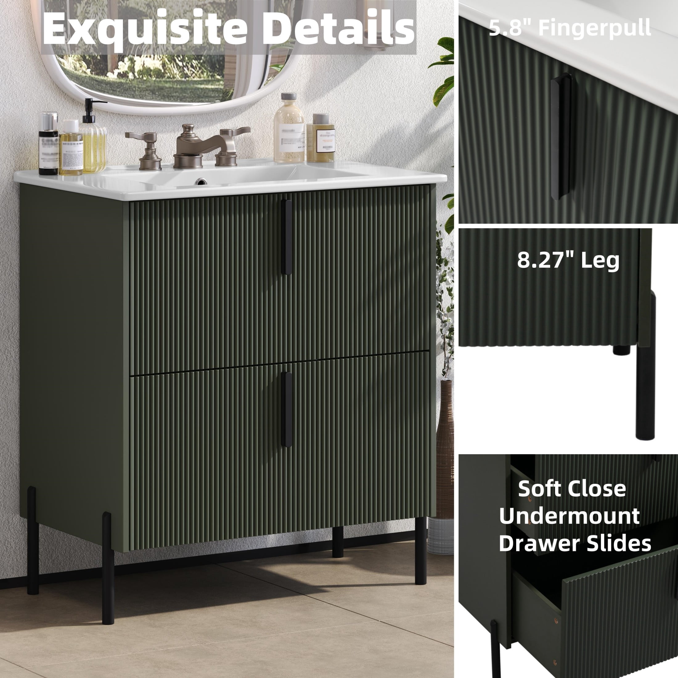 Christopher Knight Home 30" Green Bathroom Vanity with Ceramic Sink, Soft Close Drawers, Black Metal Legs