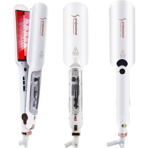 VoluVibe Professional 2 Tourmaline Ceramic Flat Iron - Steam and Infrared Heat for Straightening, Curling, Dual Voltage Control