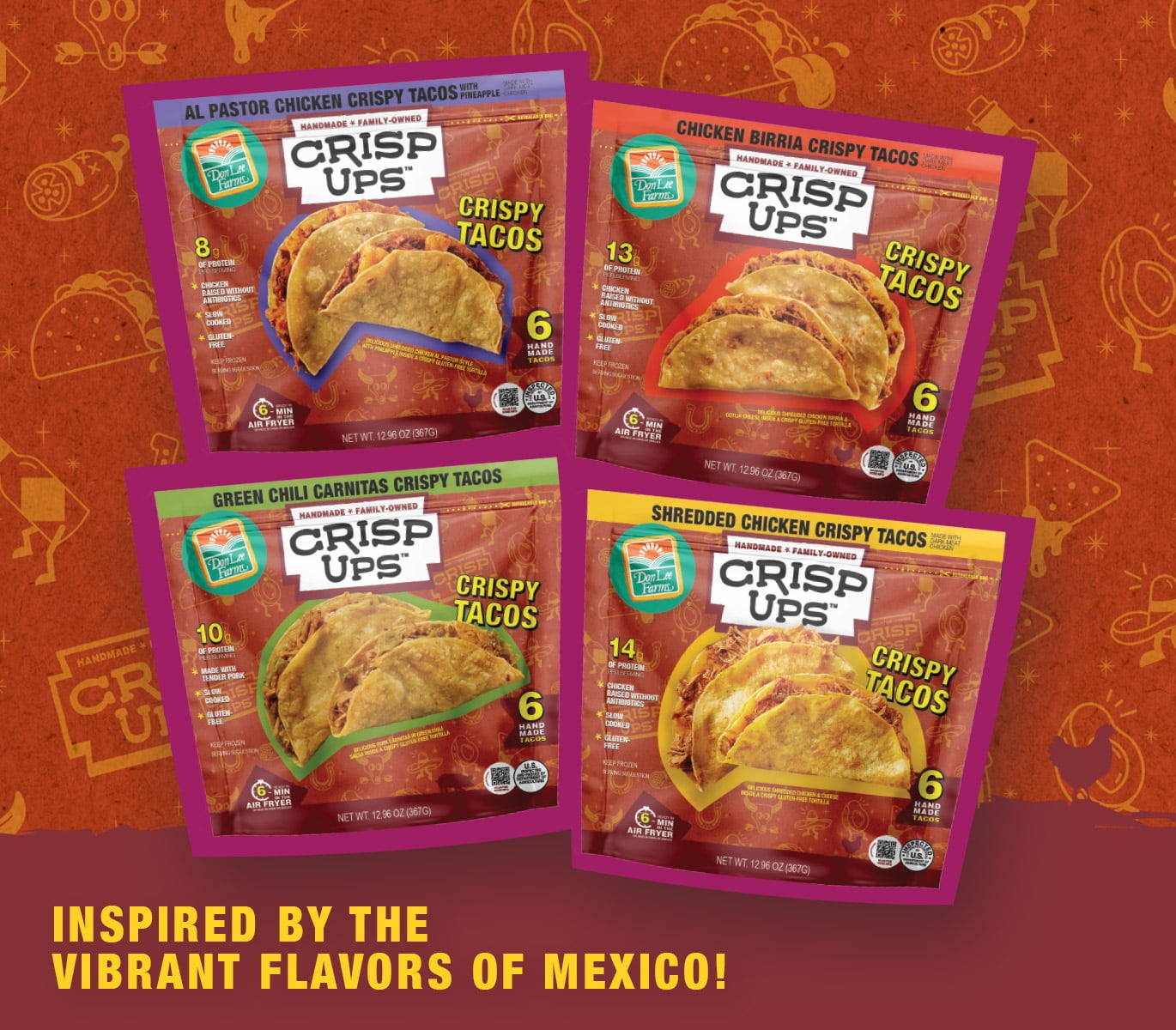 Don Lee Farms CrispUps Chicken Birria Crispy Tacos, 12.96 oz, 6 Full-Sized Tacos, Frozen