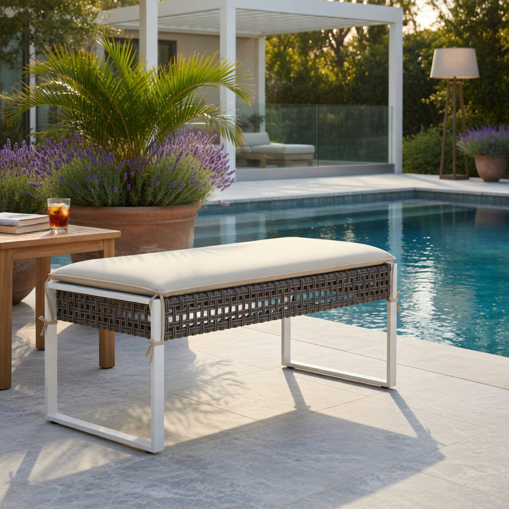 Hommoo 43" Patio Ottoman with Woven PE Rattan Seat, Metal Frame & Removable Cushion, Outdoor Footrest, Loveseat Bench or Coffee Table for Backyard, Poolside & Porch, Natural