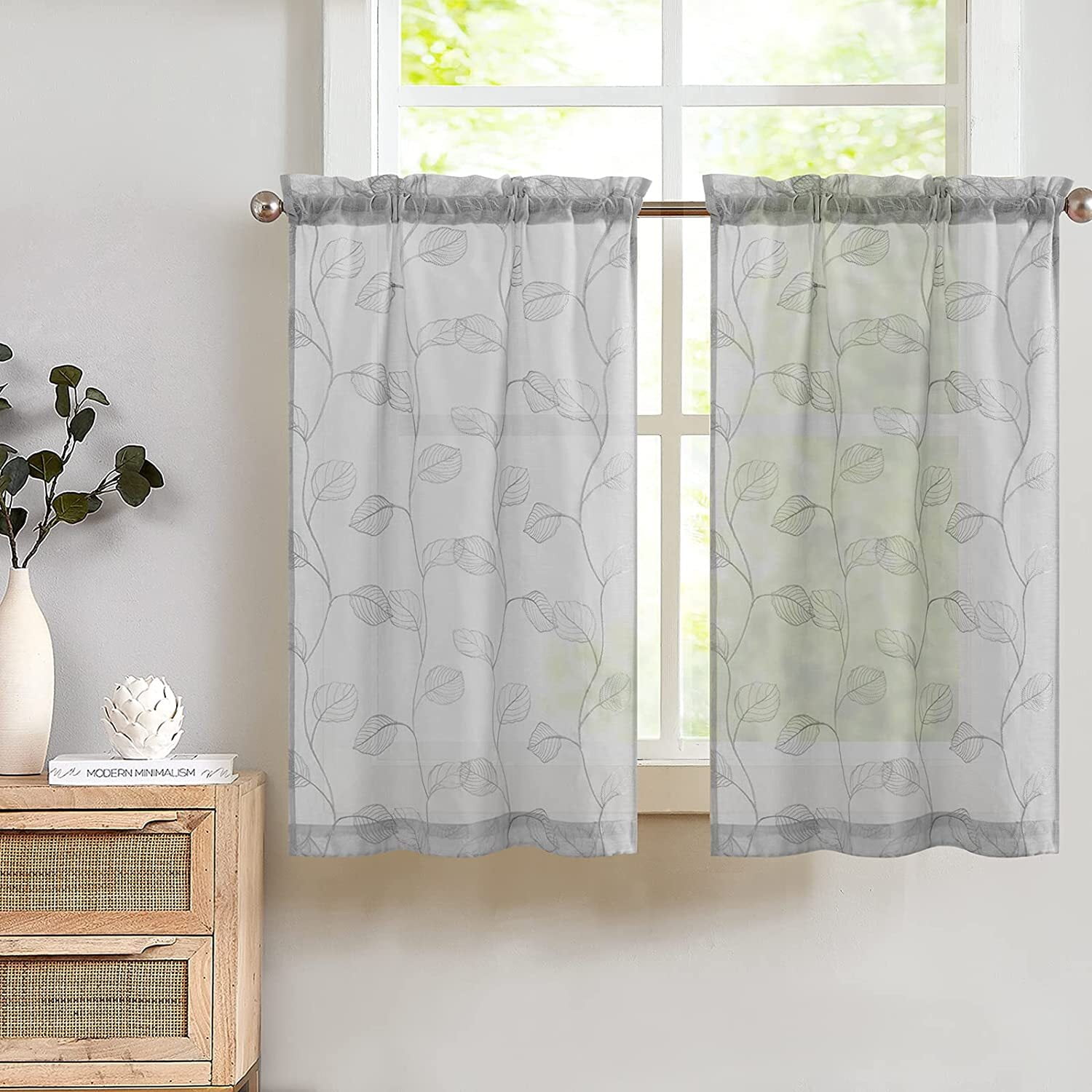 CURTAINKING Kitchen Curtains 24 inch Leaf Embroidered Tiers Kitchen