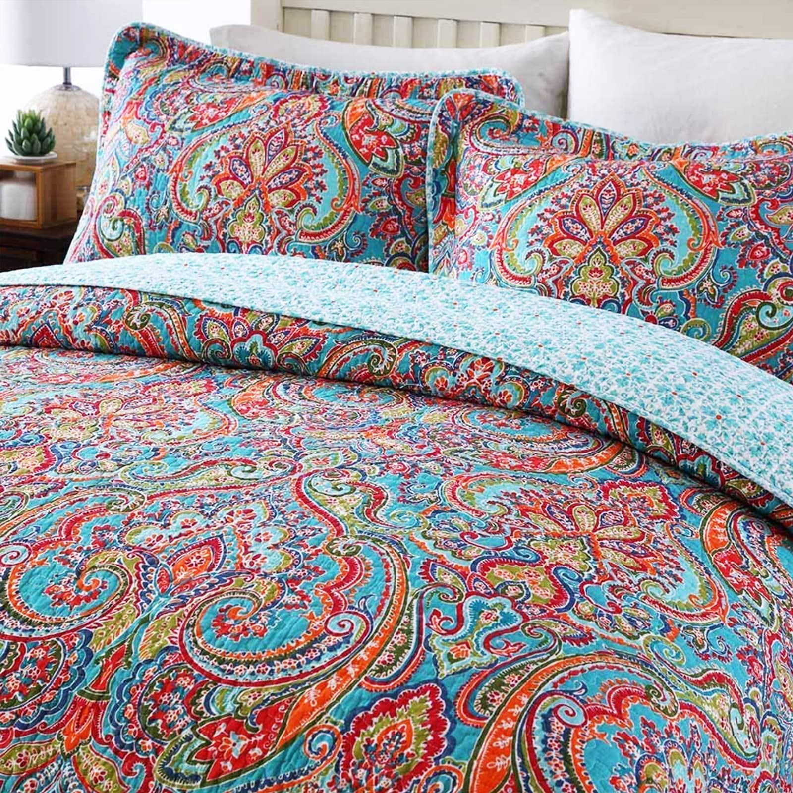 WannaToo Quilt King Size Comforter Cotton Bedding Set with Shams, Red and Blue Floral