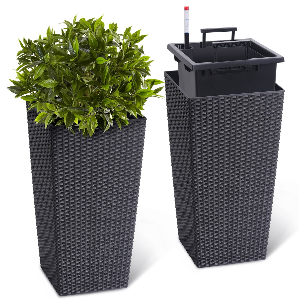 Faitaliicy 2-Pack 23" Tall Planter Modern Square Rattan Plant Pot Outdoor Indoor Large Garden Plant Pots Tree Flower Pot With Self-Watering Drain Holes Water Level Monito For Front Porch Patio