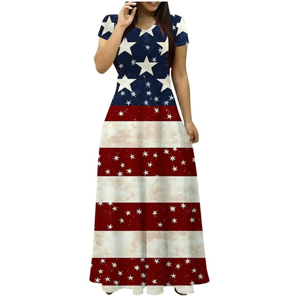 Cmfcve Women’s 4th of July Patriotic Dress Short Sleeve Round Neck Independence Day Maxi Dresses Flowy A-Line Vacation Dress with Pockets