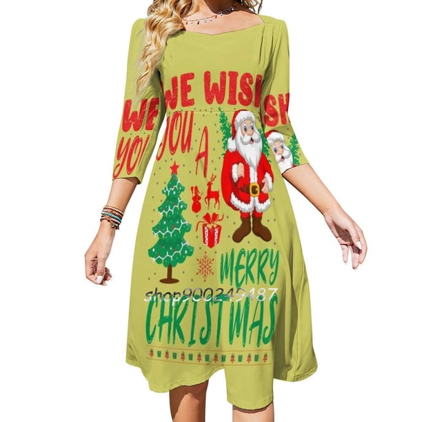 Feliz Navidad Linda camiseta de Papá Noel Vestido de cuello cuadrado Dulce vestido de verano Mujeres Elegante vestido con cuello halter estampado Papá Noel