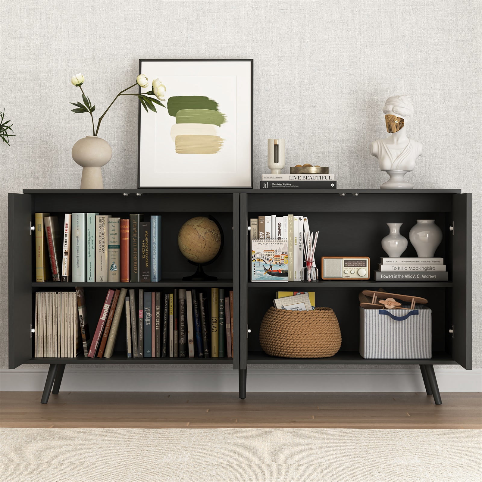 Hommoo Modern Wooden Sideboard Buffet Cabinet with Storage, Sideboard Storage Cabinet with 4 Doors, Multifunctional Credenza Console Coffee Bar Cabinets for Home, Office, Black