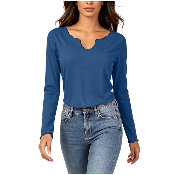 TKLPEHG Women V Neck Long Sleeve Top, Slim Fit Crop Shirt , Solid Color Casual Dressy Blouse with Ruffled Hem (Navy,S)