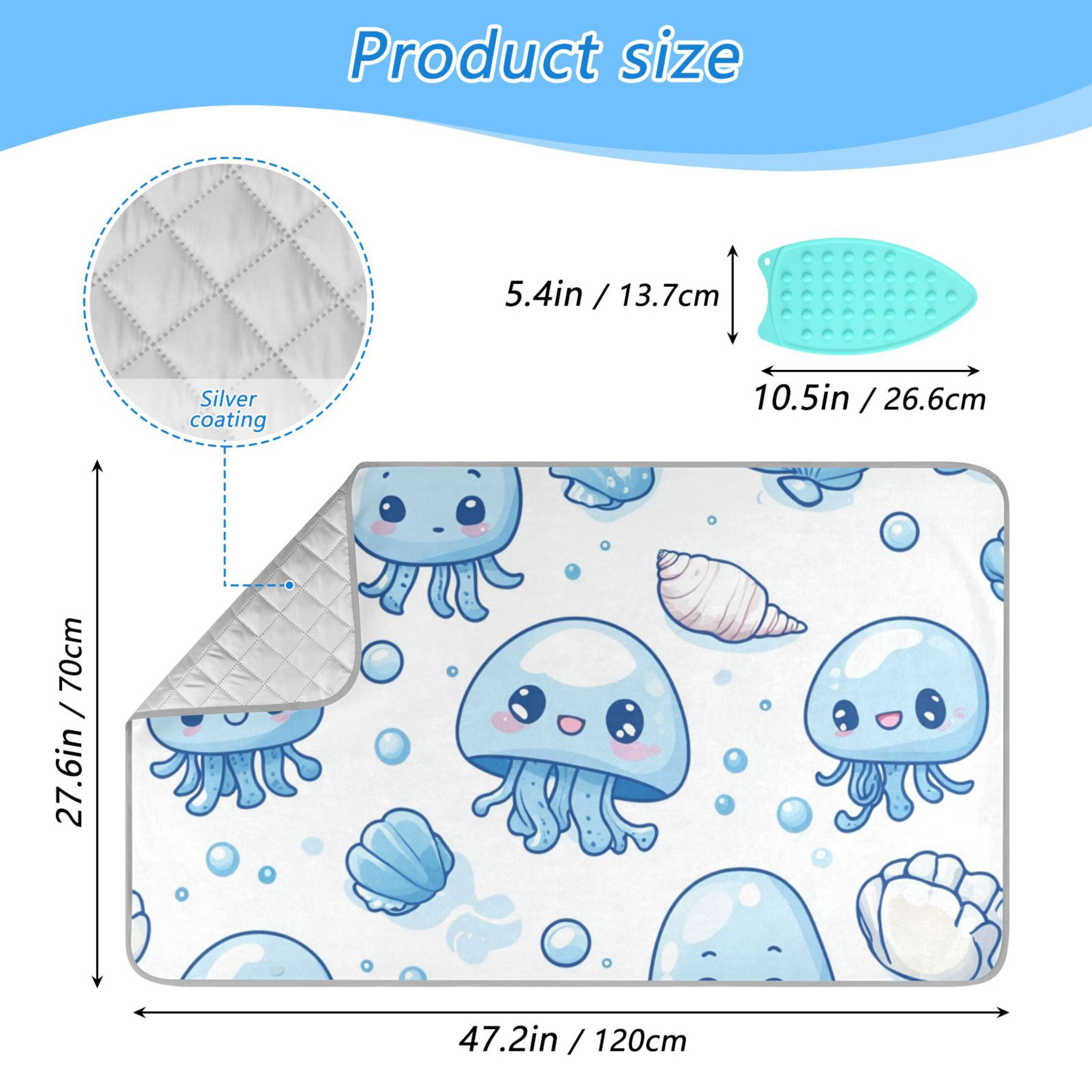 Blue Jellyfishes Shells Bubbles Cartoon Ironing Mat Blanket Portable Travel Ironing Pad Heat Resistant Pad 47.2" x 27.6”
