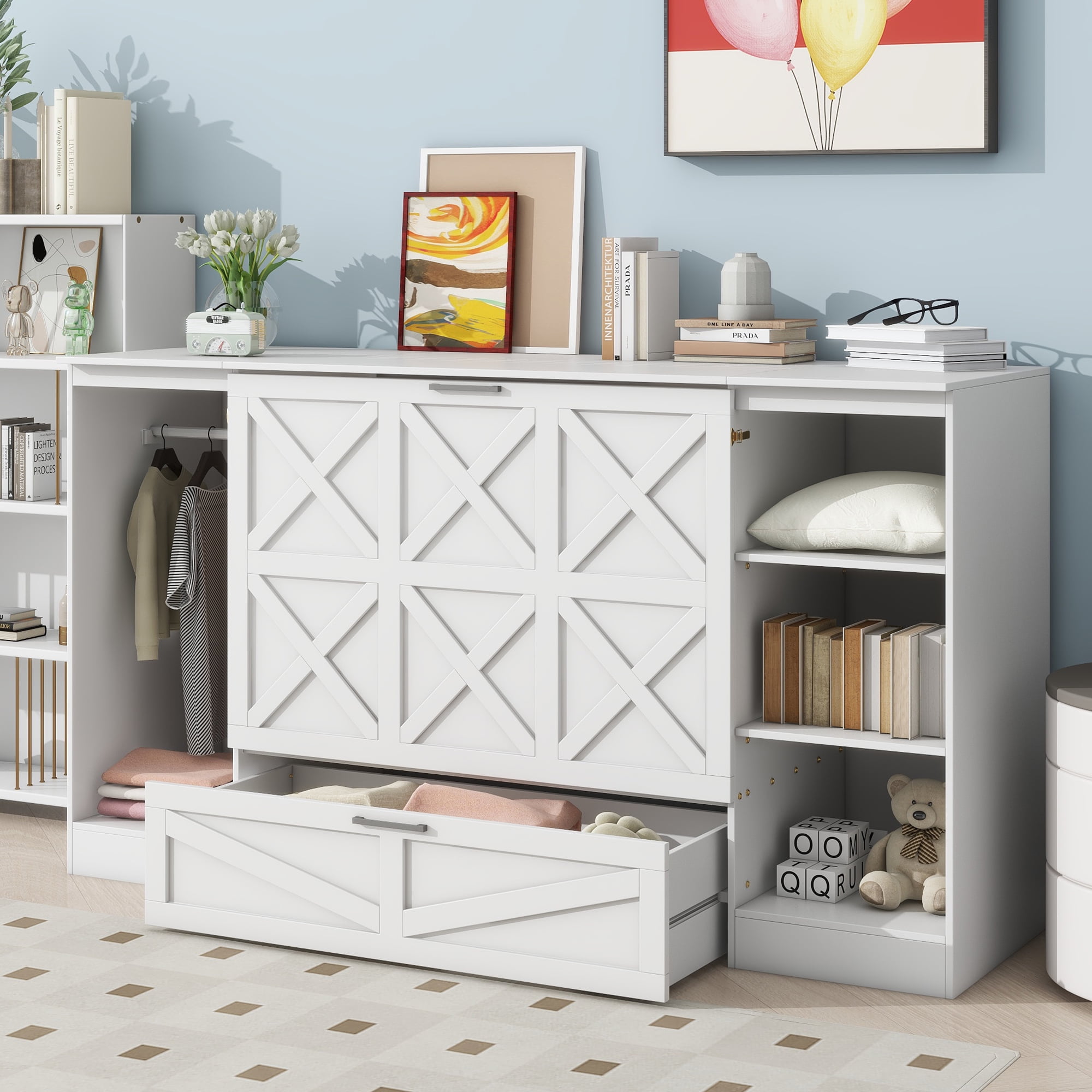Euroco Wood Twin Size Murphy Bed with Wardrobe and Shelves for Kids Teens Living Room