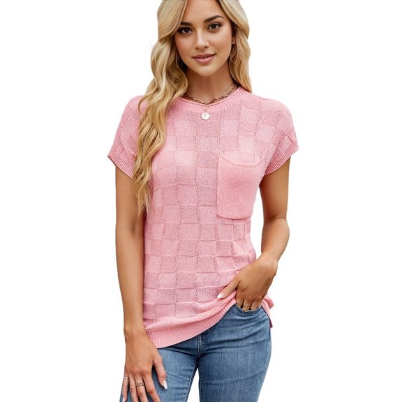 Women Summer Cap Sleeve Tops Casual Knit Short Sleeve Sweater Loose Fit Shirts Pink M