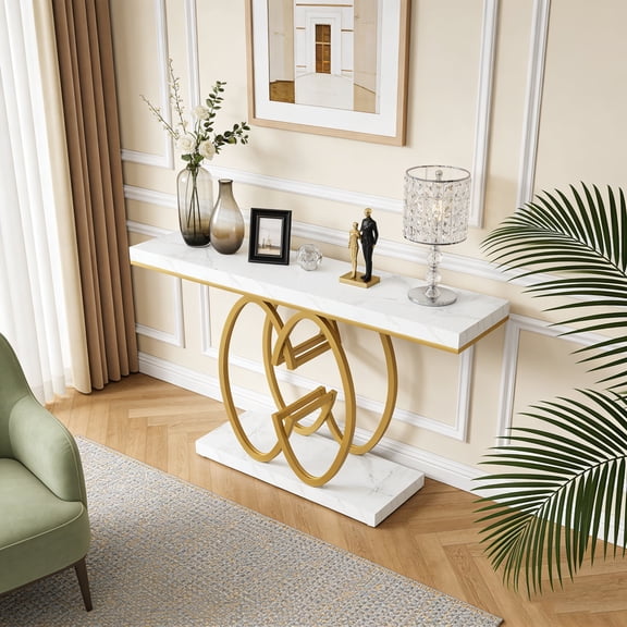KIOOTTO 55" Carrara Alabaster Executive Console – 140cm Grand-Scale Gallery Table with Reinforced Champagne Gold Geometric Base and High-Impact Faux Marble Top