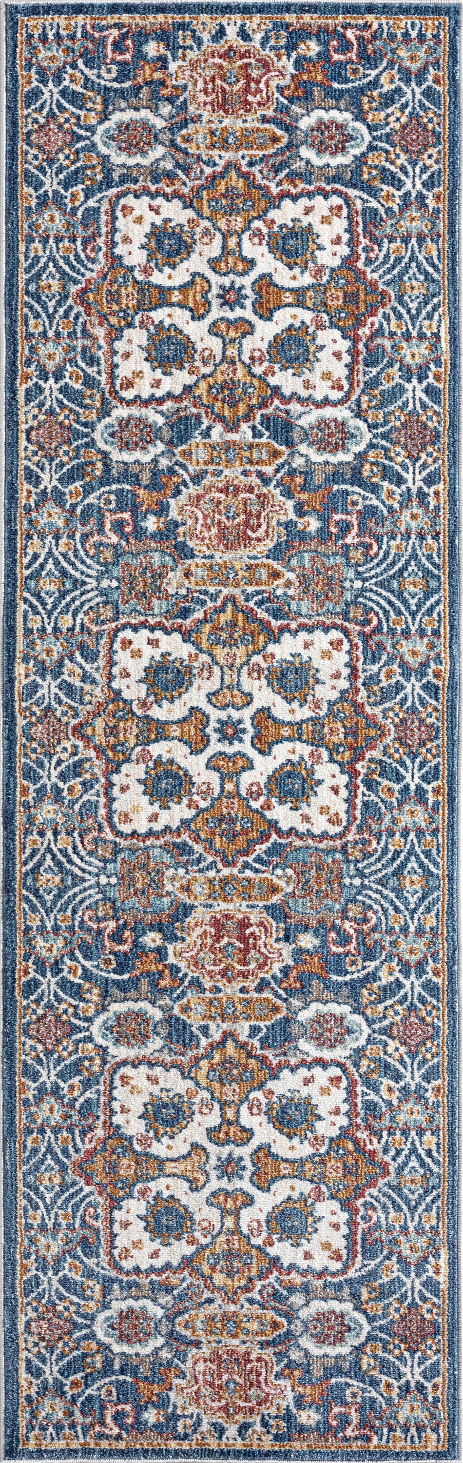 Traditional 2x8 Area Rug (2'3'' x 7'7'') Oriental Navy, Gold Indoor Runner Easy to Clean