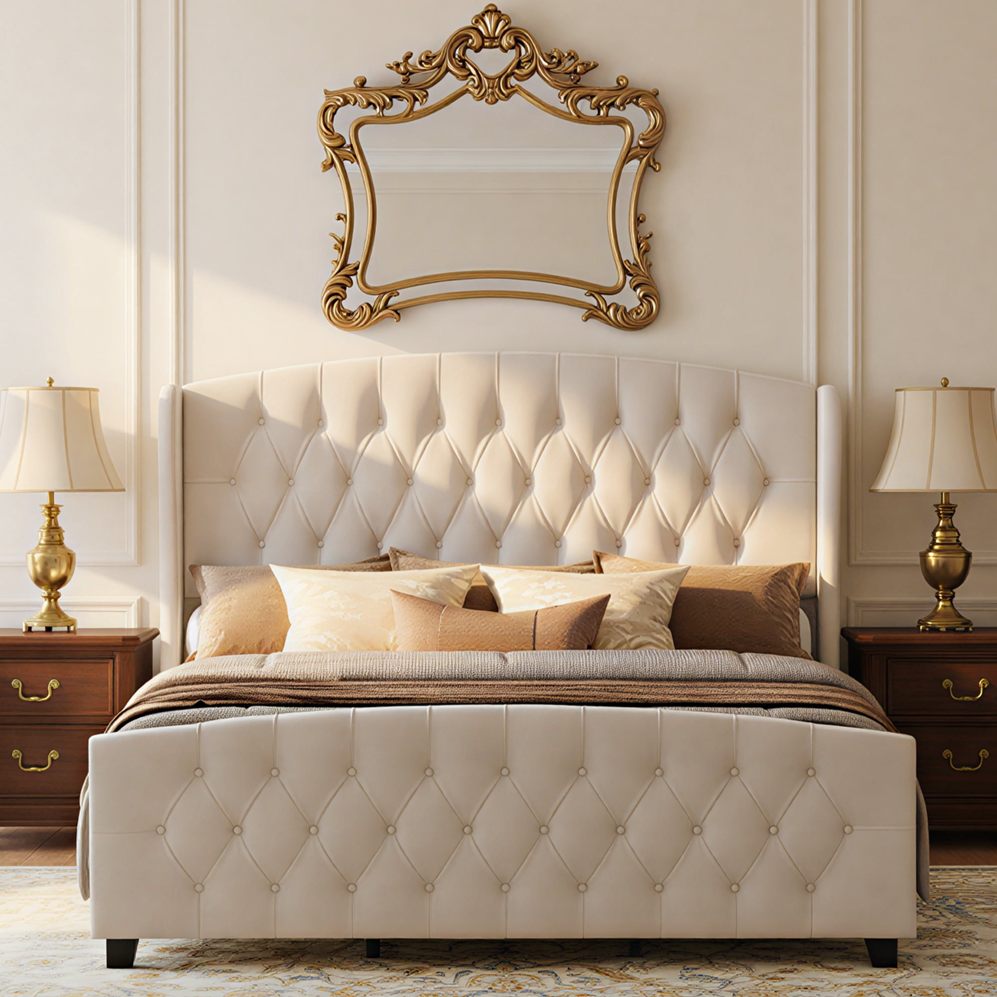 LEDREM King Size Upholstered Platform Bed Frame, 50-Inch Tall Wingback Tufted Headboard & 25-Inch Footboard, 1000 lb Capacity, Cappuccino Beige