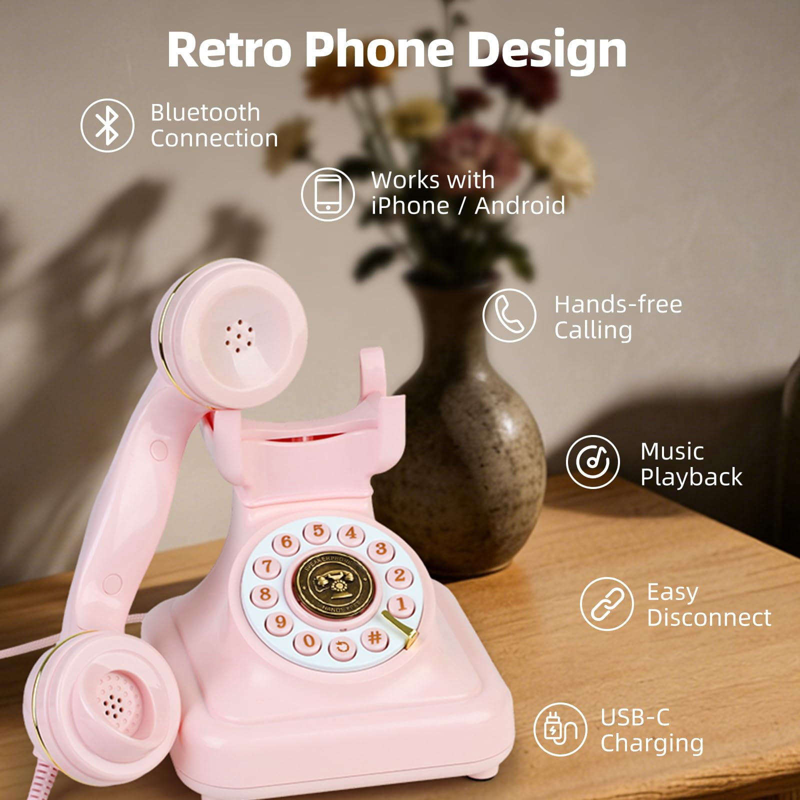 Phones Pinkie Landline Vintage Bluetooth Phone, Retro Desk Telephone with Gold Accents, Loud Nostalgic Ringtones, Bluetooth Connects to Smartphone for Home & Office