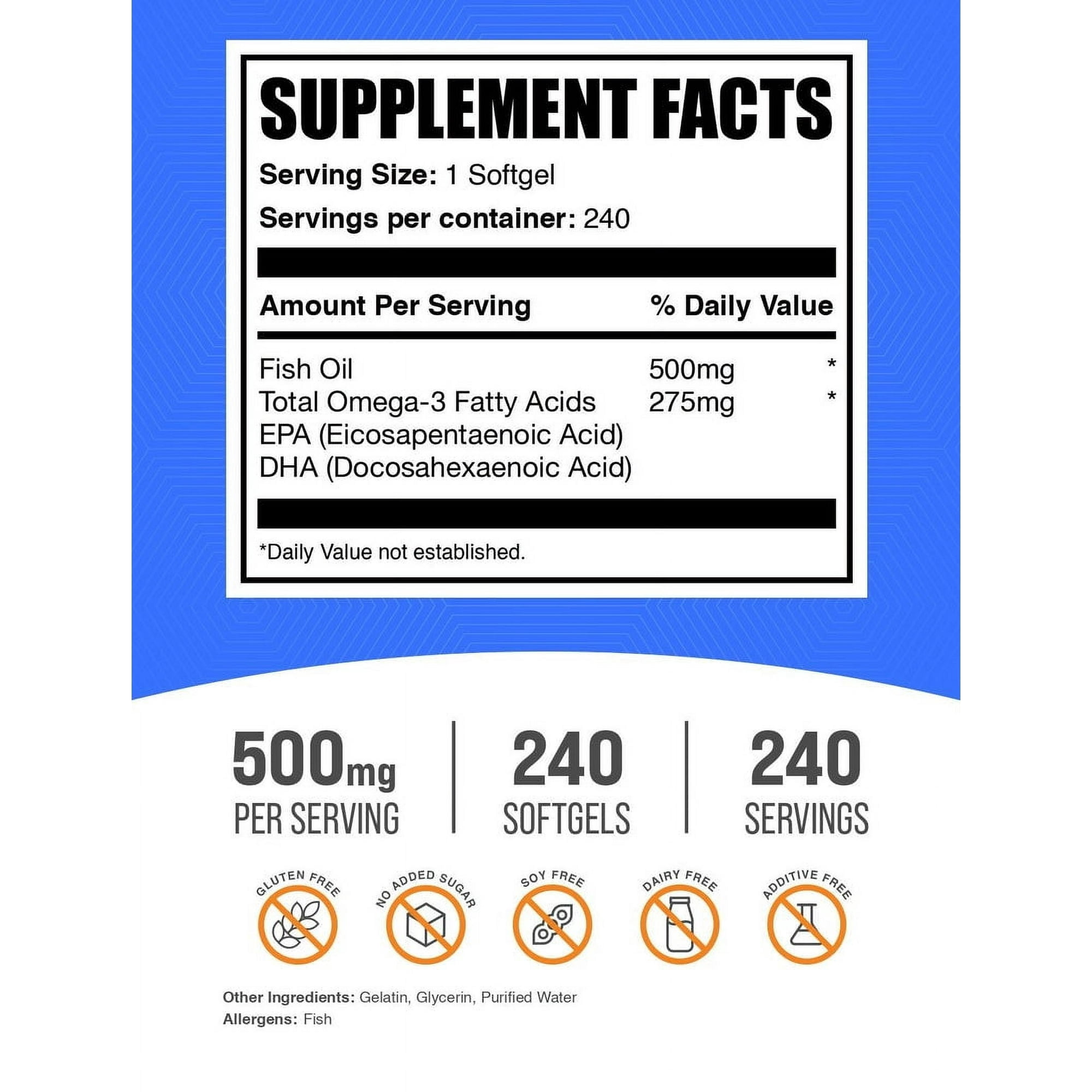 BulkSupplements Fish Oil Softgels, Omega Fatty Acids - 500mg per Serving (240 Softgels - 240 Servings)