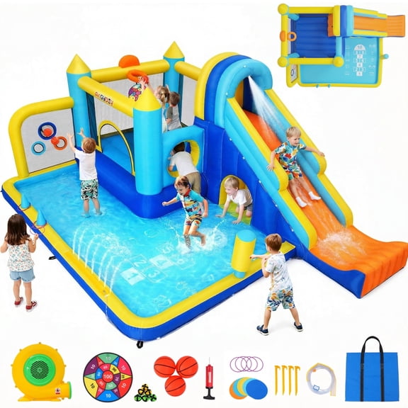 Veeboto Bounce House with Slide, Jumping Area, Pool, Punching Bag, Ball Pit, Crawl Tunnel, Inflatable Water Slide for Ages 3-12, Indoor/Outdoor Bouncy Castle with Blower