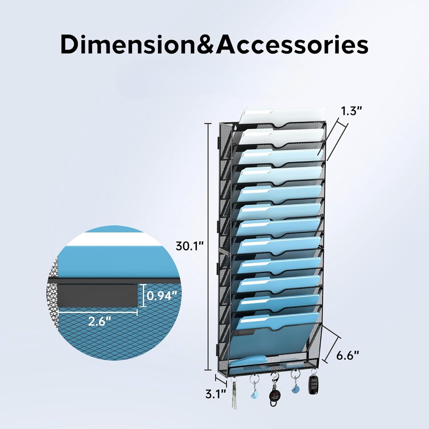 INTIGE 13-Tier Metal Hanging File Organizer with Hooks, Wall Mounted Paper Organizer, Screw Mount