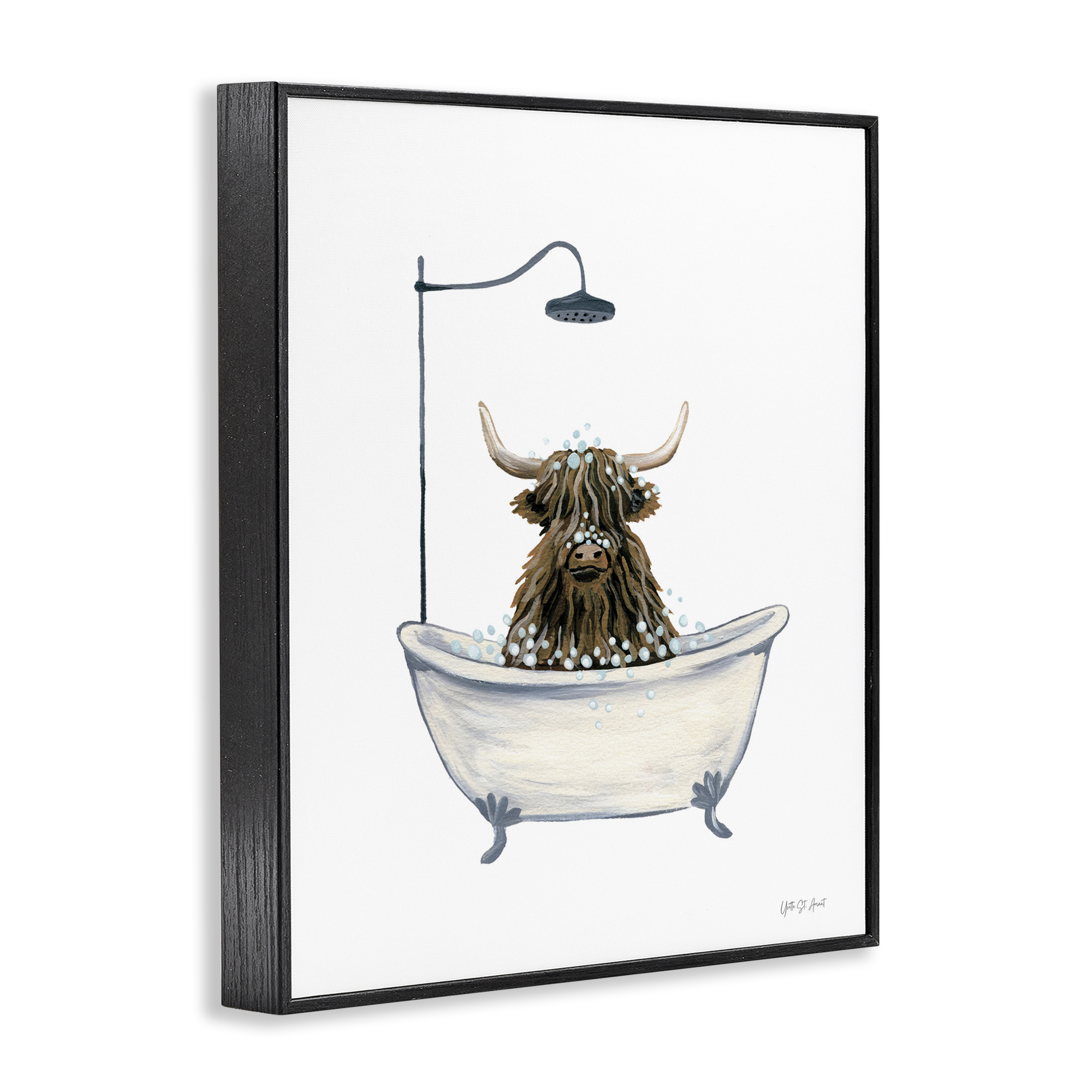 Stupell Industries Highland Cow Bathtub Typography Painting Black Framed Art Print Wall Art, 11 x 14