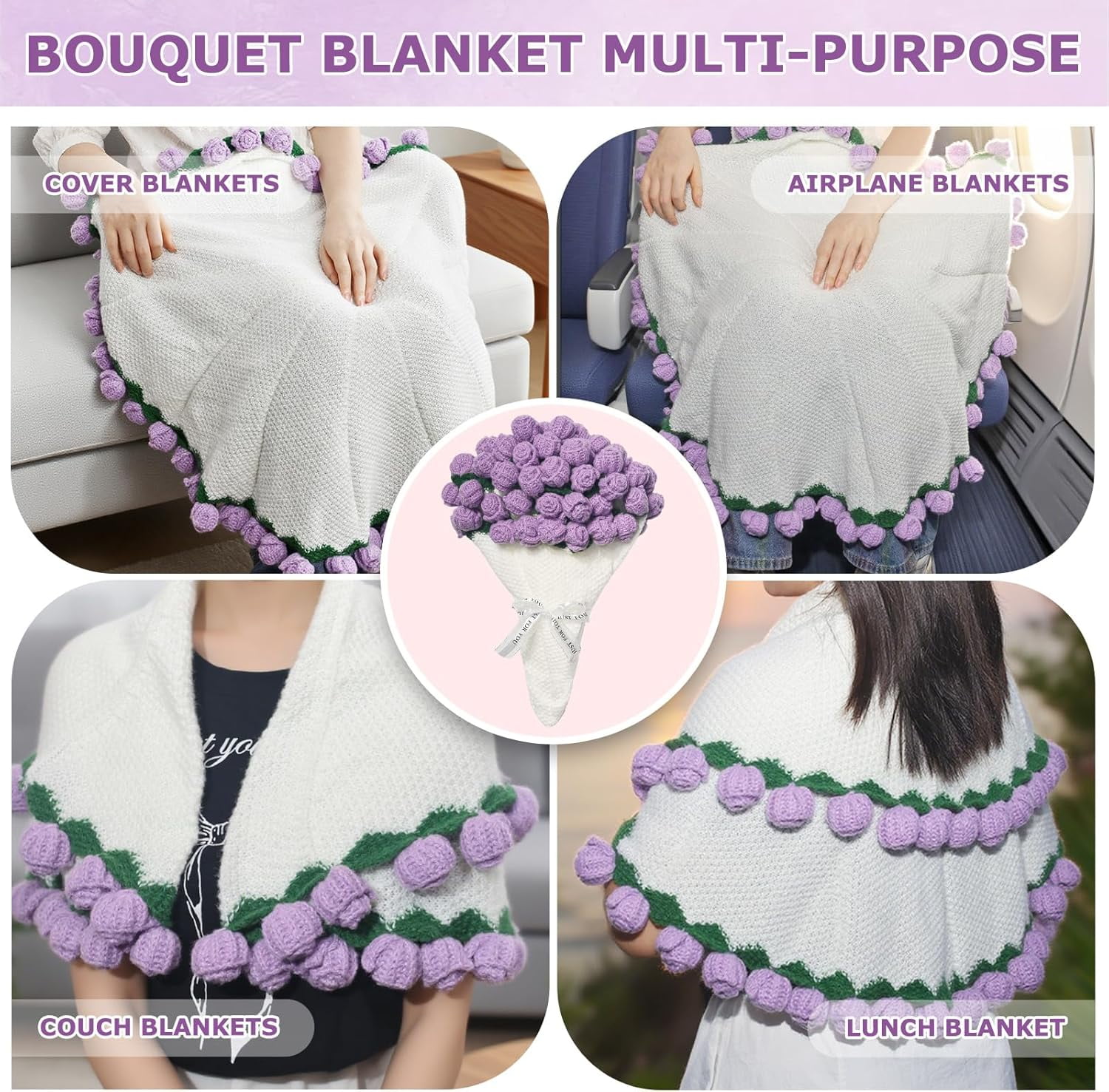 Finished Crochet Rose Bouquet Blanket,Cozy Knitted Bed Throw Blankets for Women,Mom,Sister,Girlfriend,Wife,Gifts for Birthday Wedding Christmas Home Decor