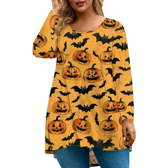 Abcomgle Womens Plus Size Halloween Tops Spooky Pumpkin Bat Graphic T Shirts for Women Oversized Crewneck Long Sleeve Womens Clothing Fall Loose Fit Womens Tshirt,2XL