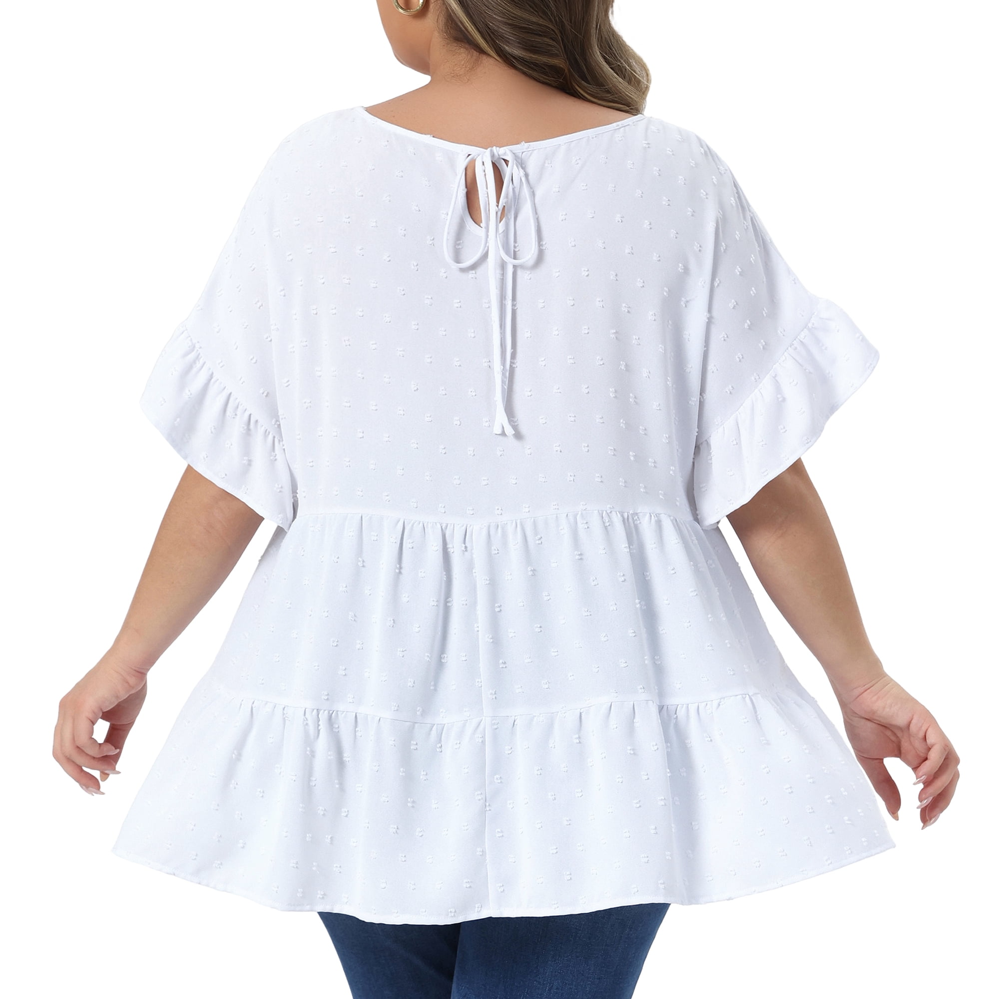 Women's Plus Summer Tops Crew Neck Ruffle Short Sleeve Tiered Swiss Dots Blouses 4X White