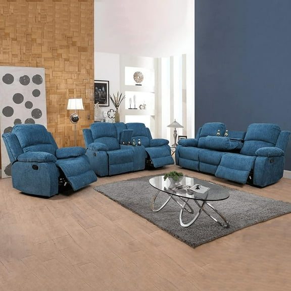 Pon Living Furniture Inc Manual Recliner Sofa Couch 2 Piece Microfiber Cup Holder and Storage Area Sofa Set Light Blue