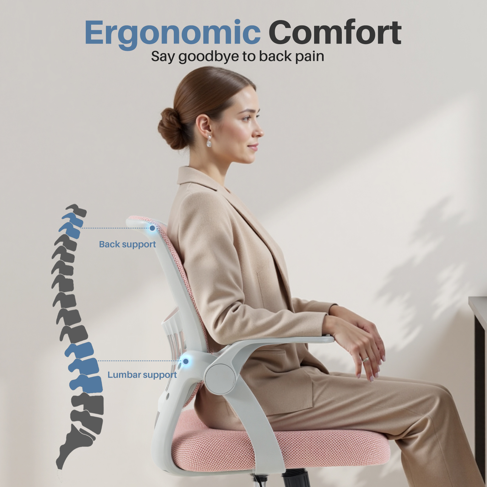 EDX Desk Chair with Ergonomic Lumbar Support, Flip-Up Armrests & Removable Footrest - 250lbs Capacity, Suitable for Home, Office, Bedroom, Pink